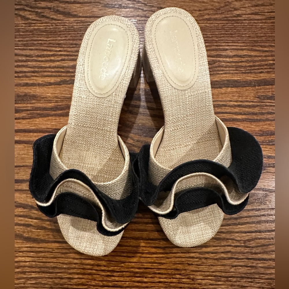 Larroude Beige with Black Ruffle Slide Heels